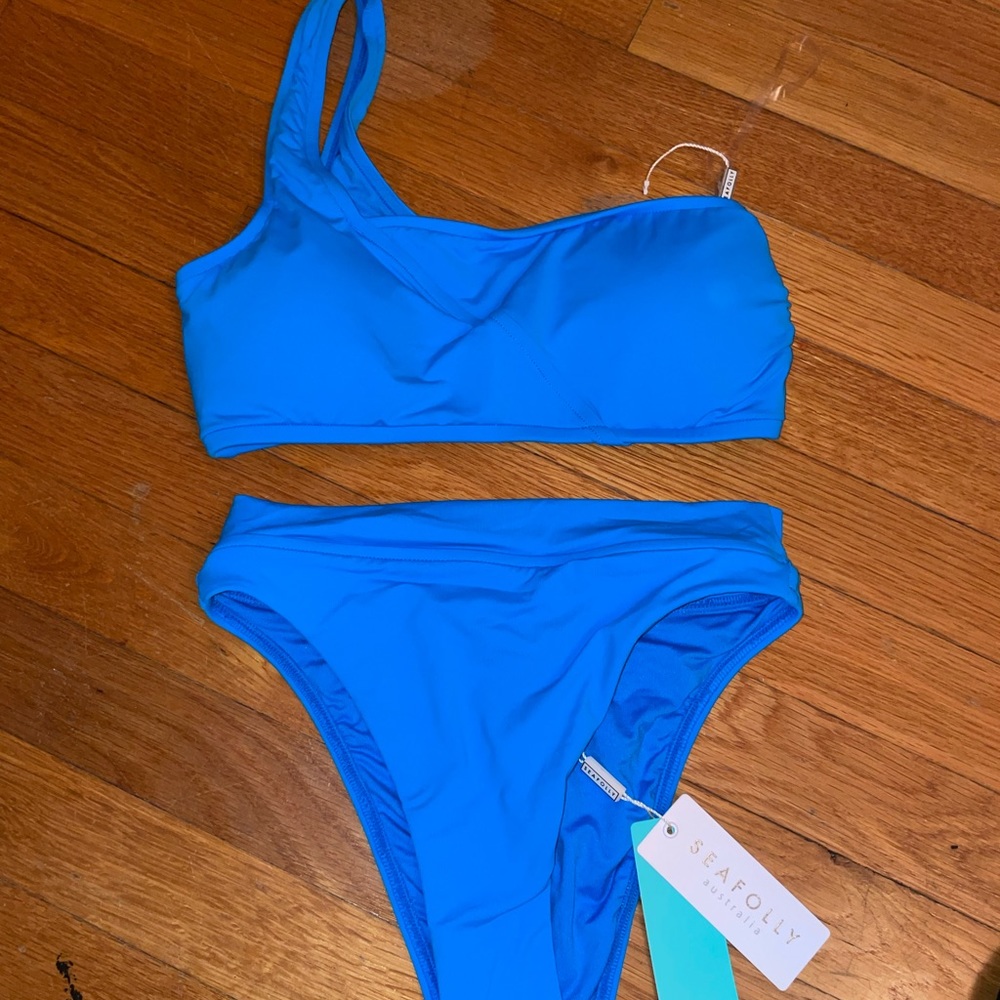 NWT bright blue SEAFOLLY high waisted one shoulder bikini